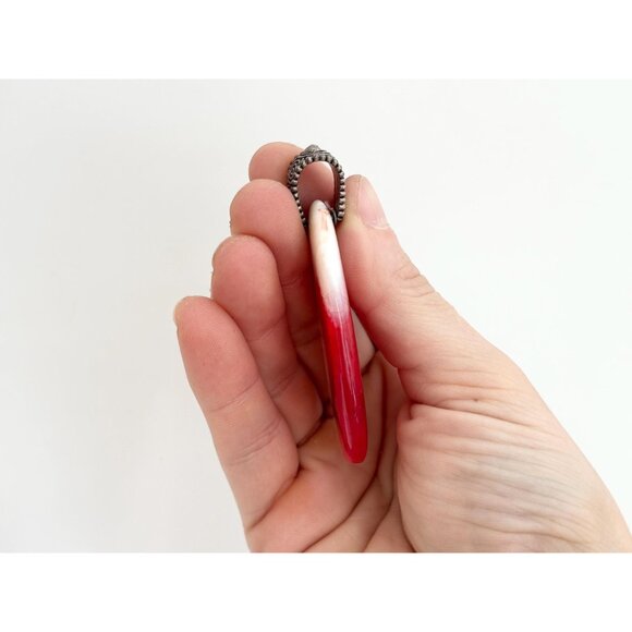 Red & White Polished Agate Crystal Oval Silver Toned Teardrop Vintage Pendant - Picture 6 of 12